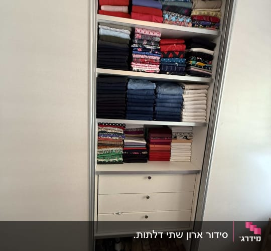 ארון בגדים מסודר עם בגדים מקופלים ונעליים בתחתית